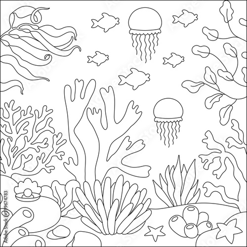 Vector black and white under the sea landscape illustration. Ocean life line scene with sand, seaweeds, stones, corals, reefs. Cute square water nature background, coloring page.