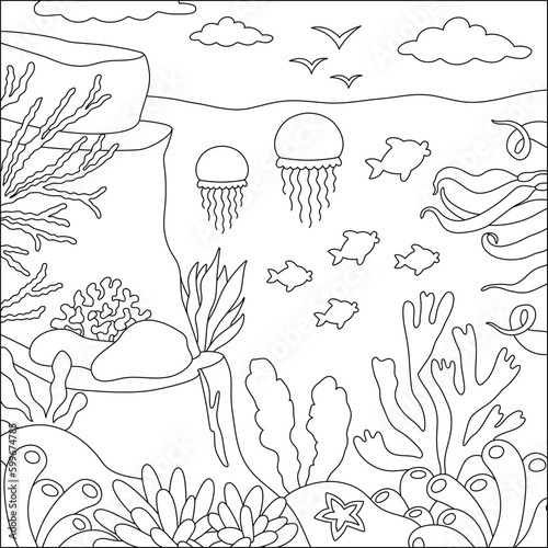 Vector black and white under the sea landscape illustration. Ocean life line scene with reef, seaweeds, stones, corals, fish, rocks. Cute square water nature background, coloring page with sky, sun