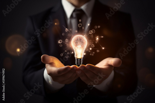 Generative AI Businessman Holding Glowing Lightbulb- Creative Thinking and Problem Solving 