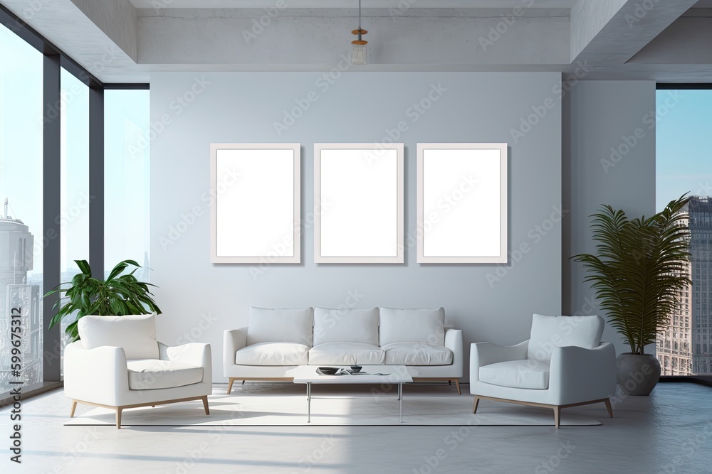 Fototapeta premium corporate branding white empty frame with modern business offices background or white industrial hall - Generative AI