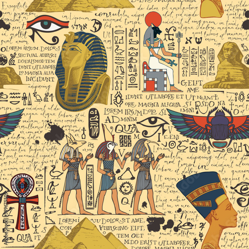 Seamless pattern on an Ancient Egypt theme with color images of Egyptian gods and handwritten text lorem ipsum. Vector abstract background in retro style. Wallpaper, wrapping paper, fabric