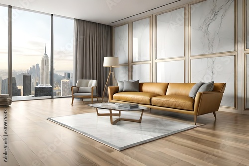 modern living room with brown sofa on city background  generative ai