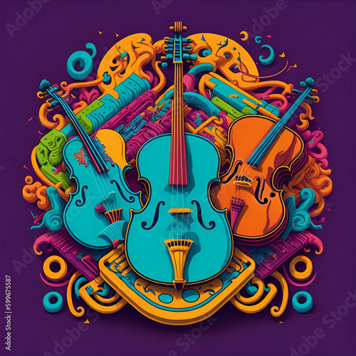Highly detailed colorful graffiti illustration of a violin, piano and guitar