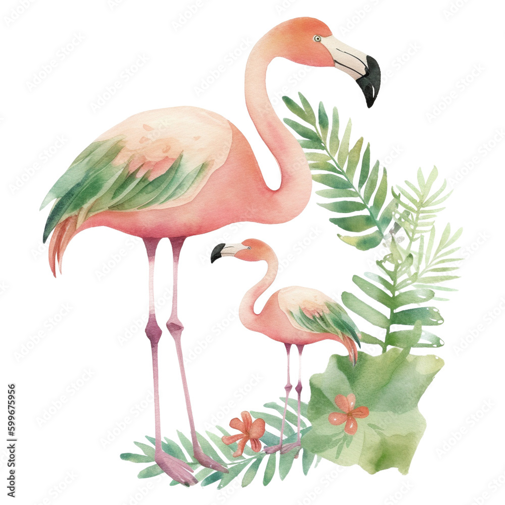 Fototapeta premium Mom and Baby Flamingo Watercolor PNG art, Generative AI