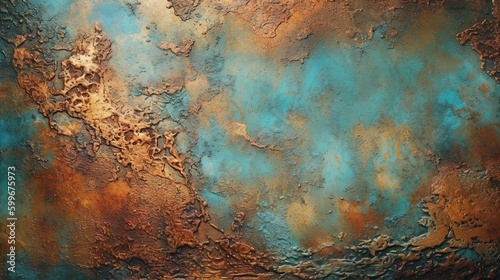 old copper. green and blue copper patina. Close-up Oxidized Copper Textured Wall. Generative Ai.