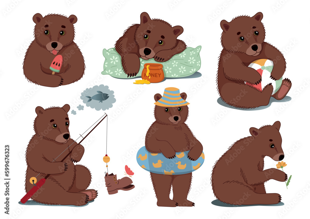 Fototapeta premium The bears are on vacation at sea. Summer stickers set with cute little bears. Hand-drawn colorful flat vector illustration.