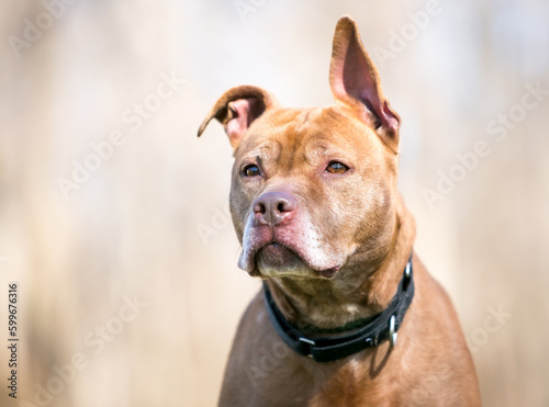 A brown Pit Bull Terrier mixed breed dog with floppy ears