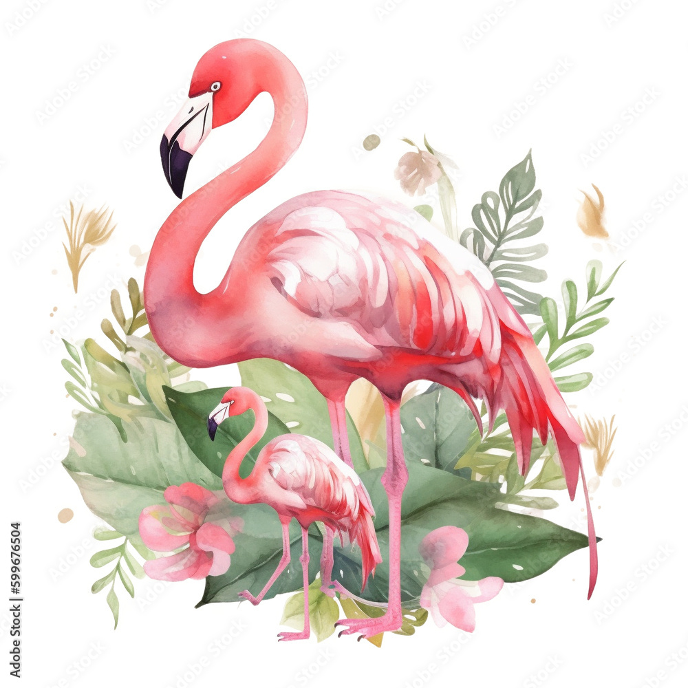 Fototapeta premium Mom and Baby Flamingo Watercolor PNG art, Generative AI