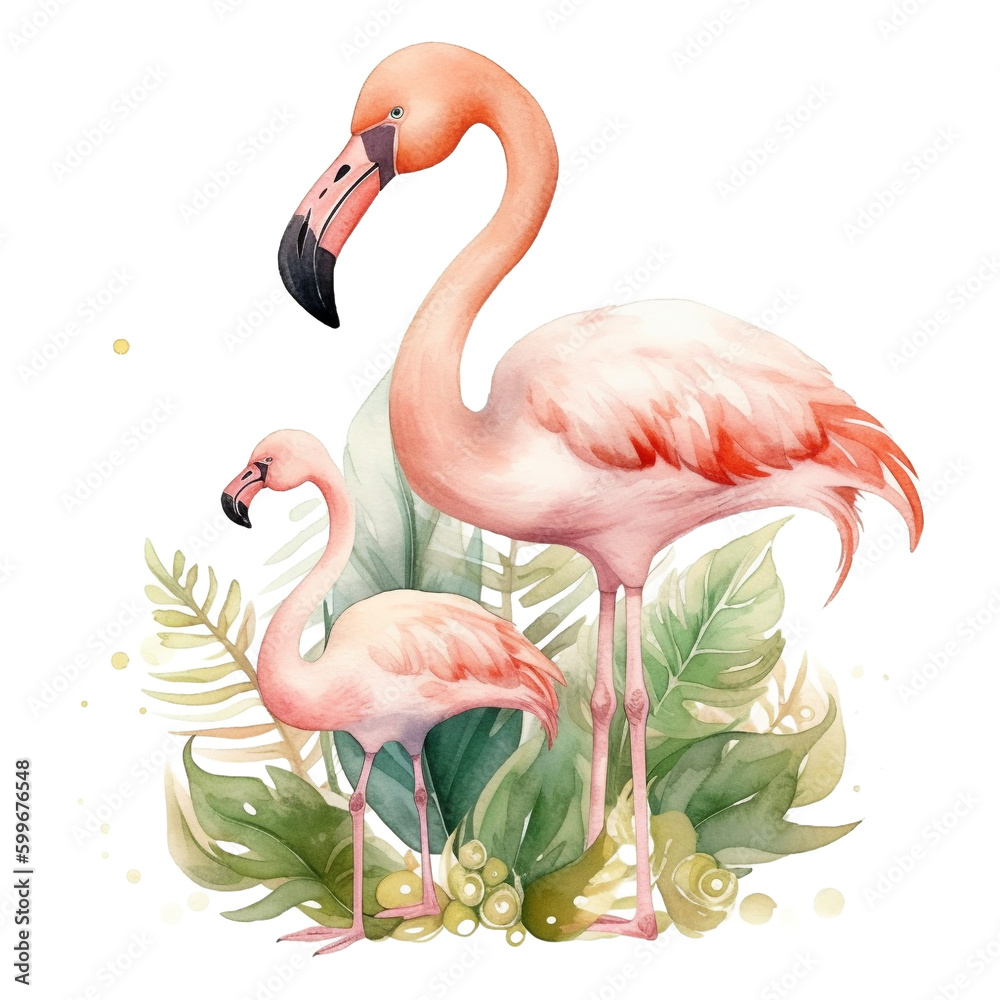 Obraz premium Mom and Baby Flamingo Watercolor PNG art, Generative AI