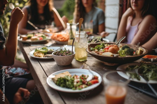 Young and happy people having festive lunch at the beautifully decorated table with healthy food in the garden 