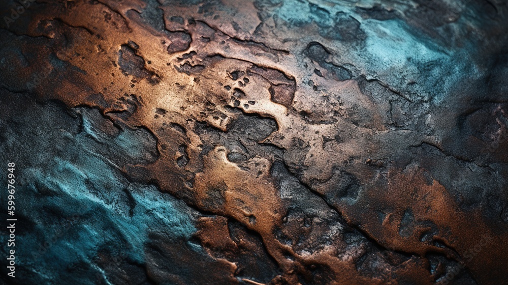 old copper. green and blue copper patina. Close-up Oxidized Copper Textured Wall. Generative Ai.