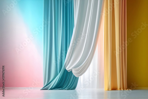 Pastel empty wall in room with colour silk curtain drapes. Template for product presentation. Living, gallery, studio, office concept. Mock up