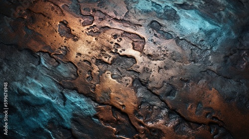 old copper. green and blue copper patina. Close-up Oxidized Copper Textured Wall. Generative Ai.