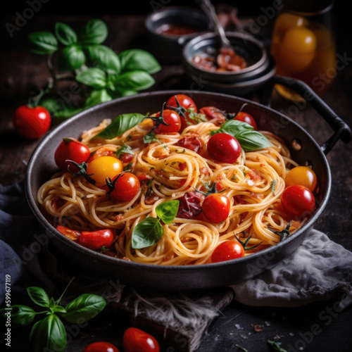 Spaghetti pasta with cherry tomatoes and fresh basil AI generative art