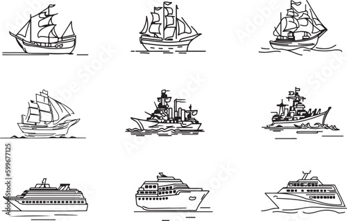 Set of different kind of ships line art vector Battle Ships Cruise Ships Boat