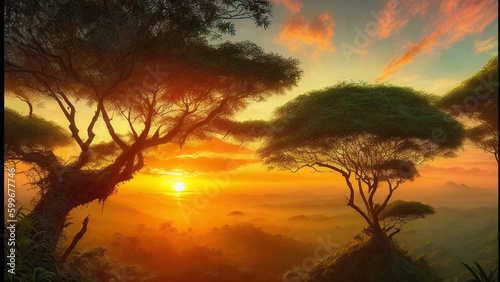 big tree during sunset, painting, Generative AI illustrations