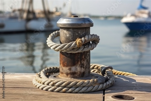 illustration, knot tied with metallic marine rope in nautical port, ai generative