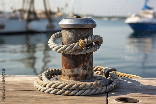 illustration, knot tied with metallic marine rope in nautical port, ai generative photo