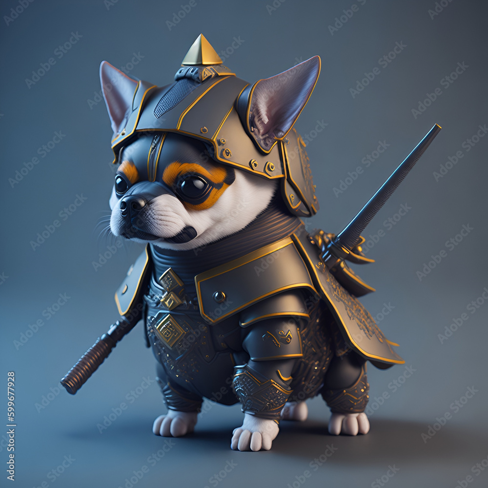 An isometric view of a cute surreal dog MINI, dressed as a samurai An isometric view of a cute surreal dog MINI, dressed as a samurai