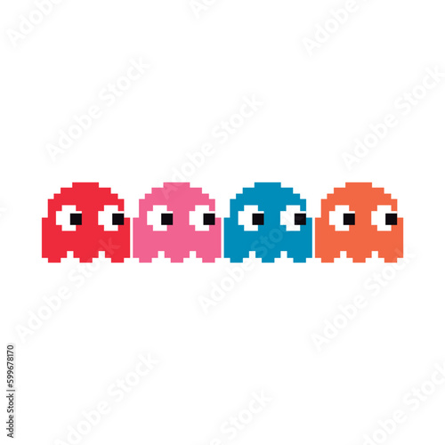 vector image of ghosts from the game Pac Man, colorful, reminiscent of childhood, embroidered style. Vector for silkscreen, dtg, dtf, t-shirts, signs, banners, Subimation Jobs or for any application photo