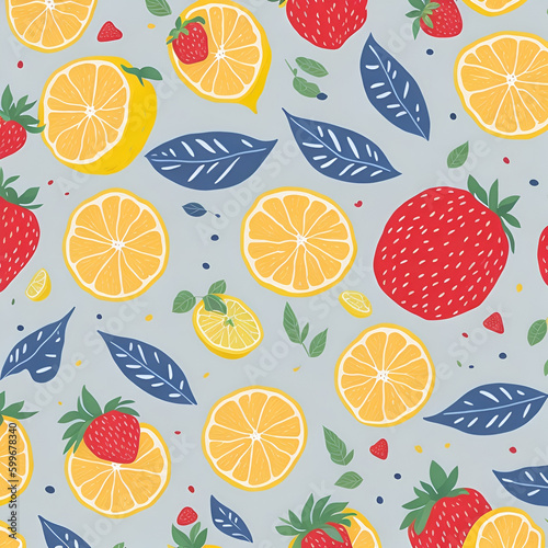 Lemon and strawberry, Watercolor, vector, white background, clipart, Seamless patterns, repeating patterns design, flat illustration