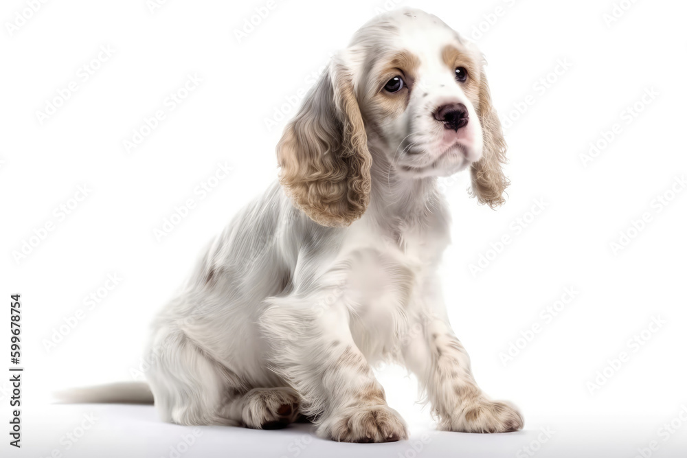 Clumber Spaniel Dog Puppy On White Background, Full Body. Generative AI