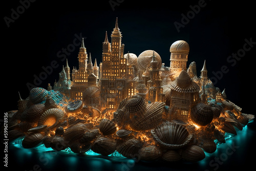 Seashell Mythical Underwater Atlantis City Generative AI Vibrant Colorful 