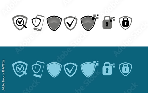 icônes et logos symbolique de la securité dans le web avec un écusson et cadenat et autres élements