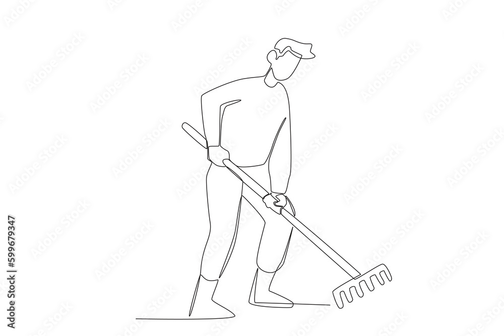 A farmer holding a rake. Farmer one-line drawing A farmer holding a rake. Farmer one-line drawing