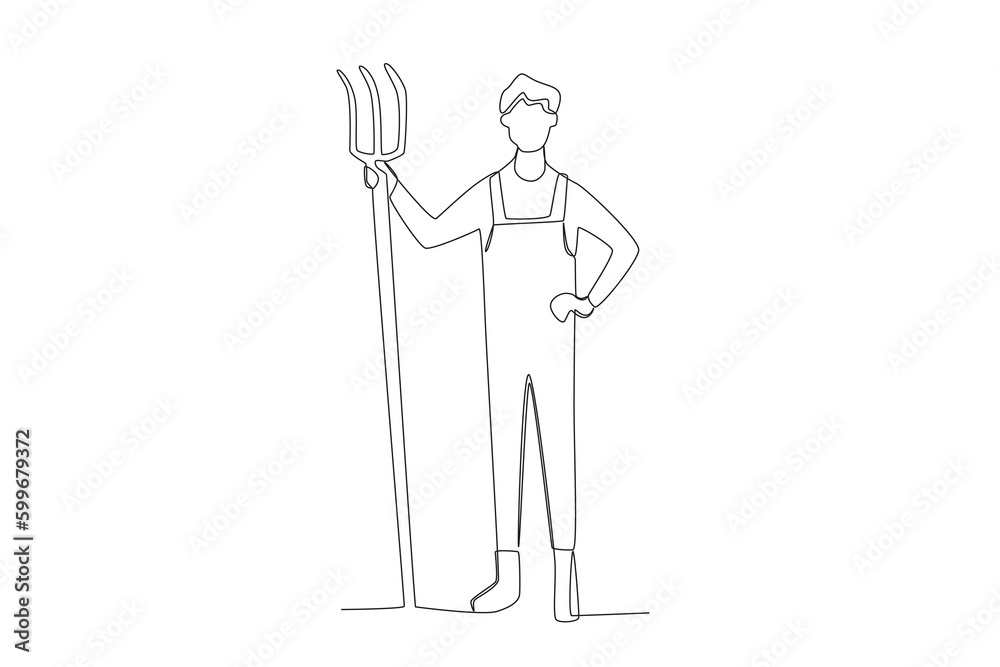 A farmer stands holding a rake. Farmer one-line drawing A farmer stands holding a rake. Farmer one-line drawing
