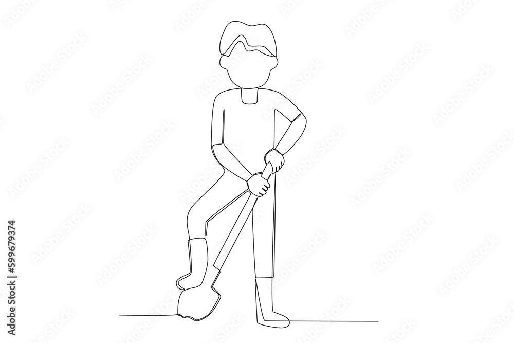 A boy uses a shovel. Farmer one-line drawing