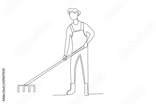 A man leveling the garden land. Farmer one-line drawing