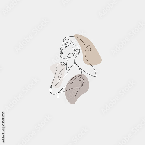 Linear drawing of a girl hugging herself, suitable for prints, posters, postcards. Vector illustration.