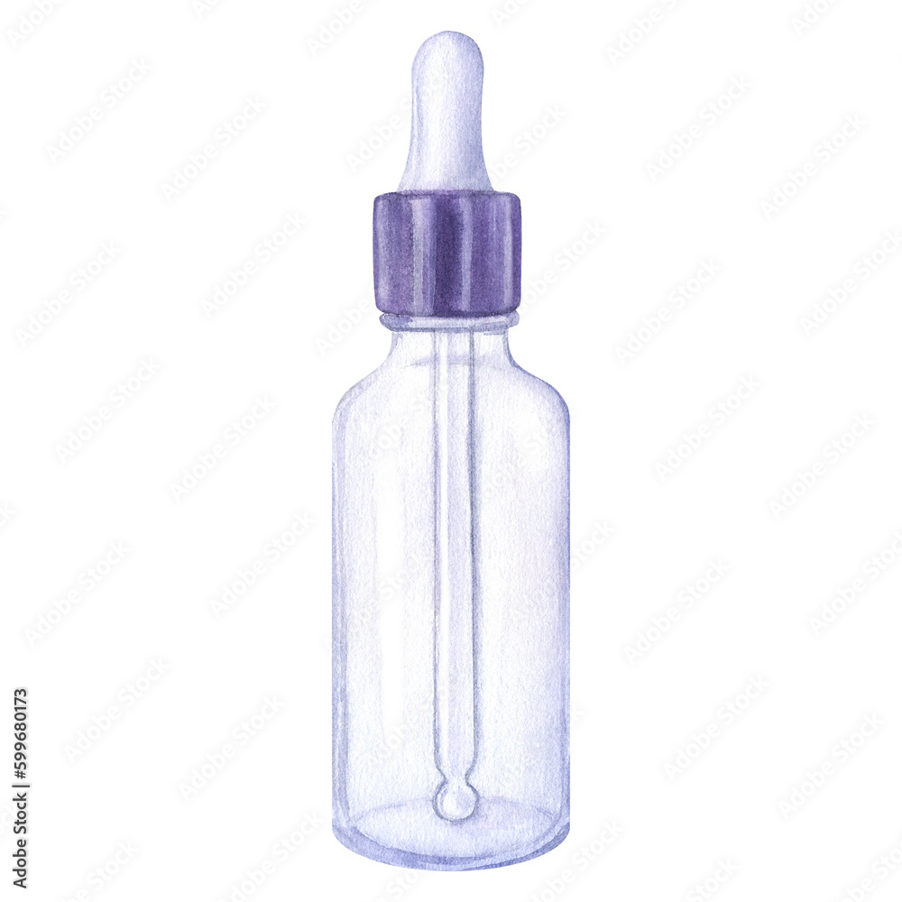 Purple transparent glass cosmetic small bottle with a pipette. Ampoule. Hand draw watercolor illustration isolated on white background. Collagen, anti-aging skin care products