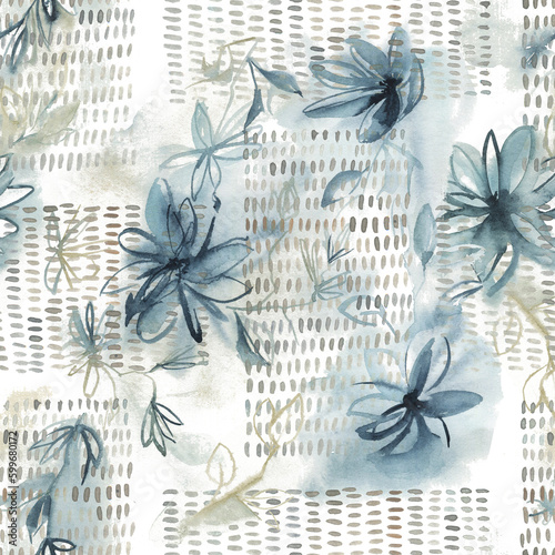 Obraz na plátně Abstract nordic print with geometric shapes and blue flowers on white background