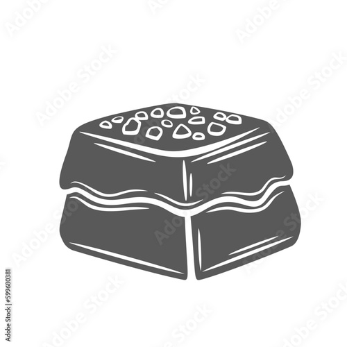 Chocolate candy glyph icon vector illustration. Stamp of bonbon with decorative crumbs of almonds or peanuts on top and flowing choco ganache, sweet chocolate dessert piece of praline present box