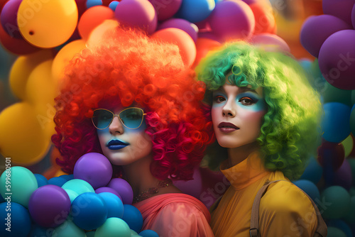 Women with colored hair among balloons at the LGBT parade, pride month, Generative AI 4