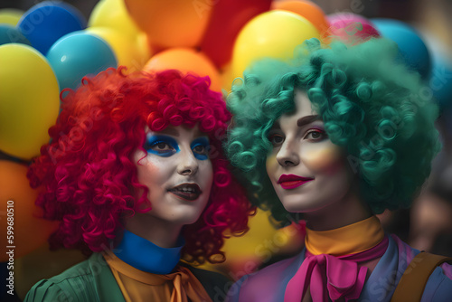 Women with colored hair among balloons at the LGBT parade, pride month, Generative AI