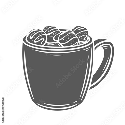 Hot chocolate mug with marshmallows glyph icon vector illustration. Stamp of glass cup full of yummy drink and candy dessert, sweet warm cacao or coffee with milk, cozy cappuccino for cold season