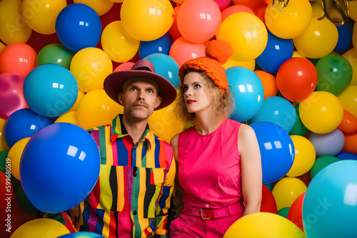 A man and a woman in colorful clothes among balloons, lgbt, pride month, Generative AI 2