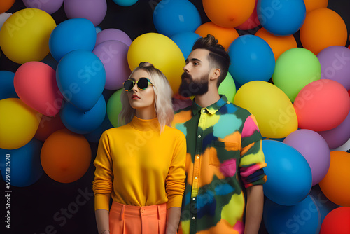 A man and a woman in colorful clothes among balloons, lgbt, pride month, Generative AI