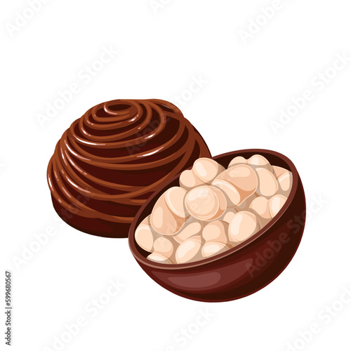 Open chocolate bomb with marshmallows vector illustration. Cartoon isolated choco ball with candy pieces and sweet chocolate glaze decoration, treat and breakfast dessert, round cake for hot drink