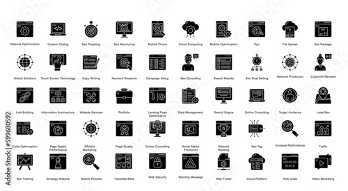 Web & SEO Glyph Iconset Website Marketing Glyph Icon Bundle in Black