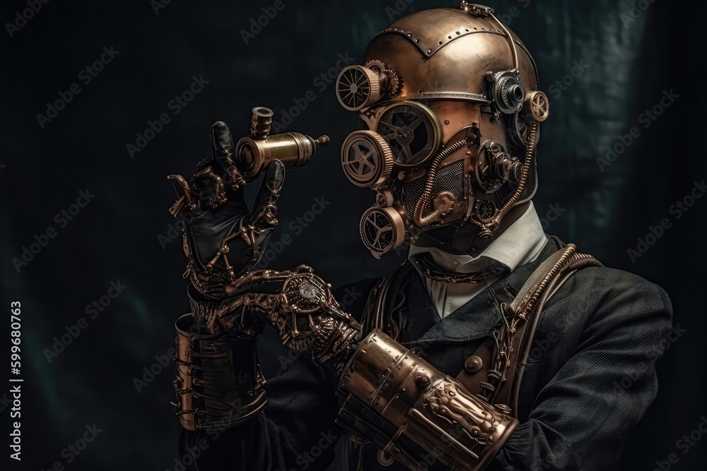 Steampunk Cyborg With Mechanical Arm And Monocle. Generative AI Steampunk Cyborg With Mechanical Arm And Monocle. Generative AI