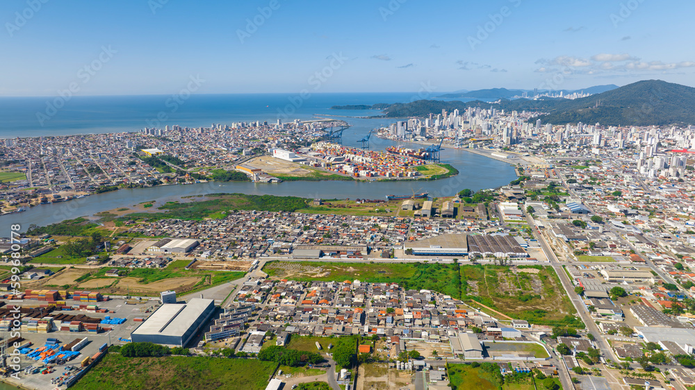 Naklejka premium Aerial drone footage of the port city of Navegantes in Santa Catarina