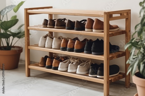 Shoe Rack Wooden On White Background. Generative AI