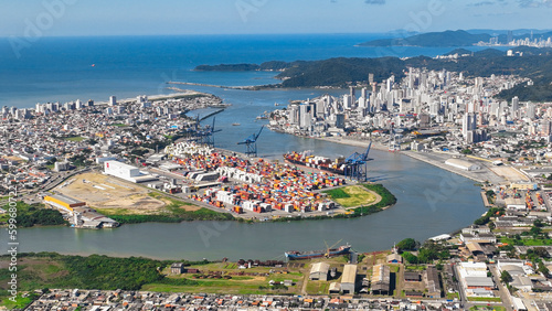 Aerial drone footage of the port city of Navegantes in Santa Catarina