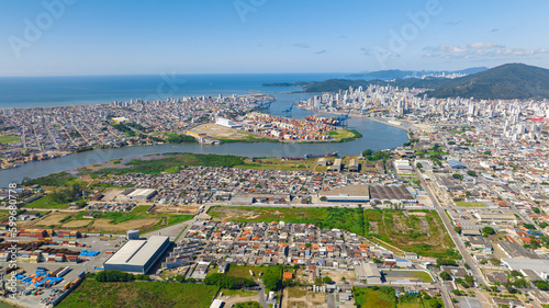 Aerial drone footage of the port city of Navegantes in Santa Catarina