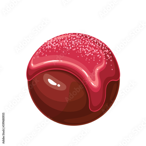 Chocolate bomb with strawberry glaze vector illustration. Cartoon isolated single cocoa ball with sugar powder and pink fruit icing flowing down chocolate cover, delicious love gift for holiday