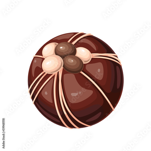 Chocolate bomb vector illustration. Cartoon isolated choco ball with candy and white chocolate or sugar icing decoration, cute round cocoa cake dessert with marshmallow for mug of sweet hot drink